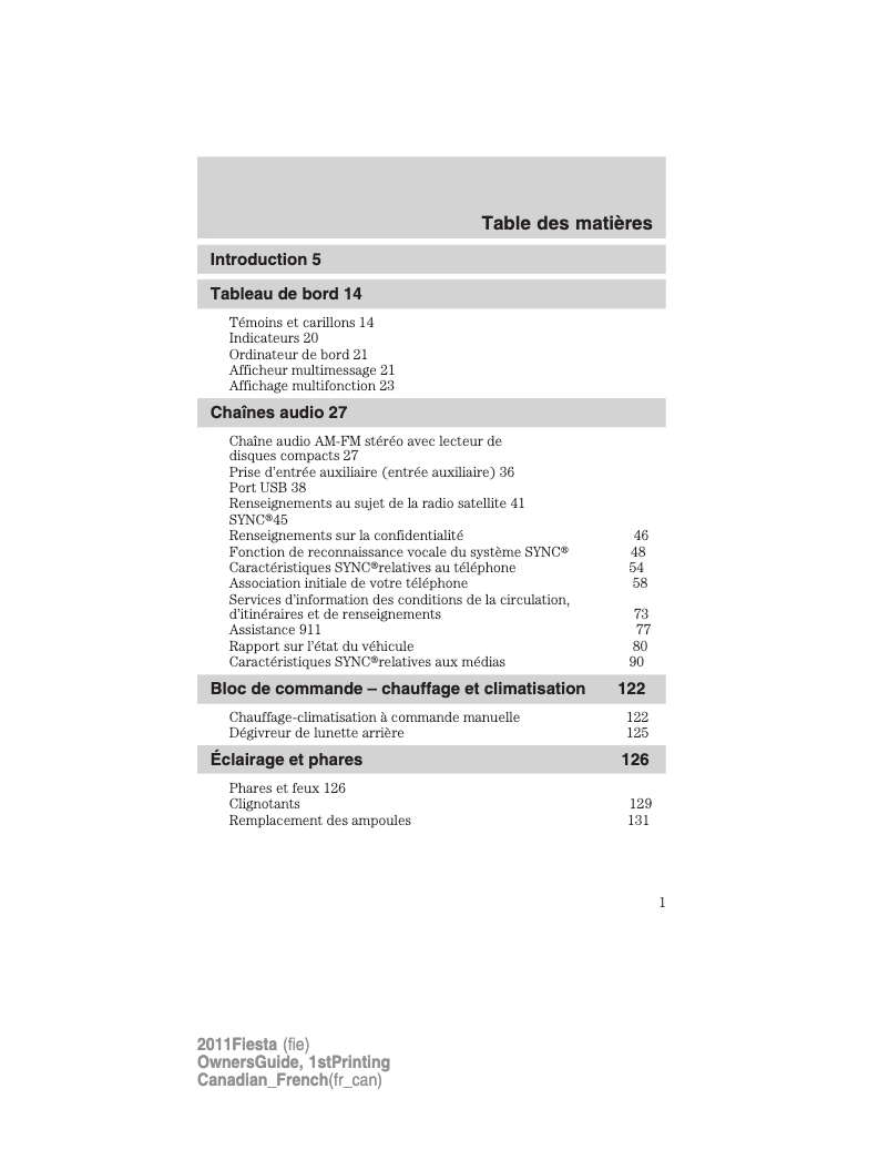 Page 1 de la notice Manuel utilisateur Ford Fiesta (2011)