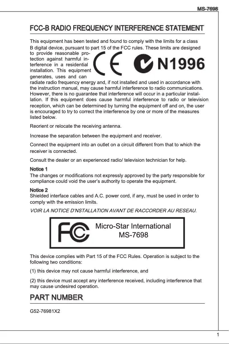 Page 1 de la notice Manuel utilisateur MSI E350IA-E45