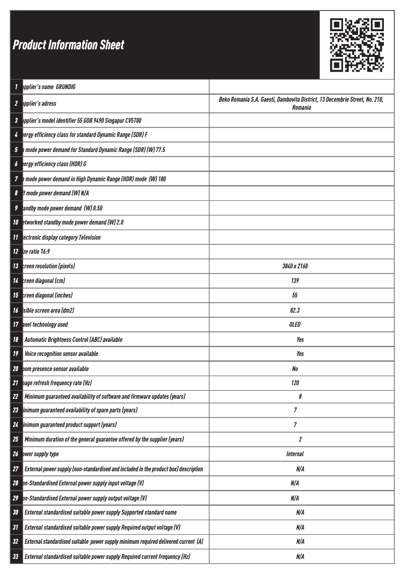 Page 1 de la notice Fiche technique Grundig 55 GOB 9490 Singapur