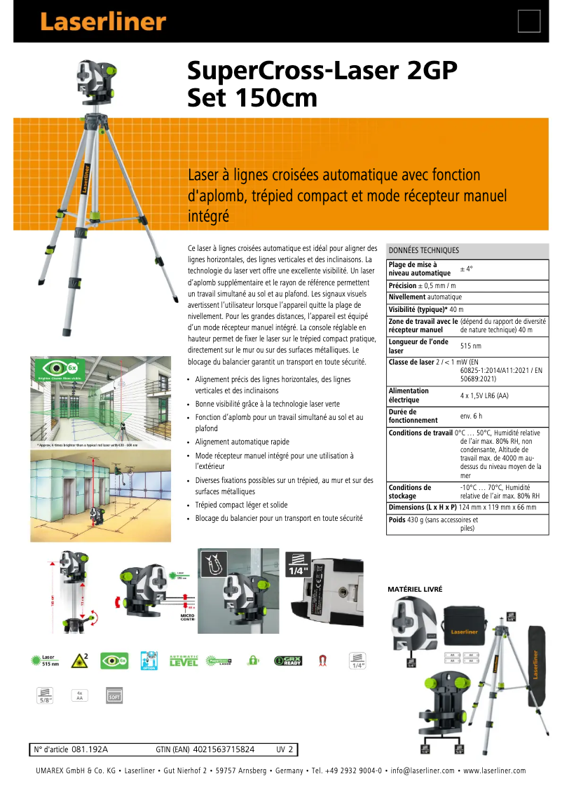 Page 1 de la notice Fiche technique Laserliner SuperCross-Laser 2GP