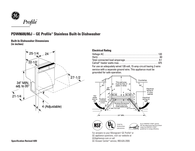 Page 1 de la notice Fiche technique GE Profile PDW8600JCC