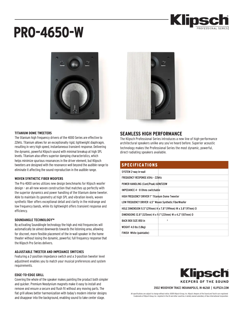 Page 1 de la notice Fiche technique Klipsch PRO-4650-W