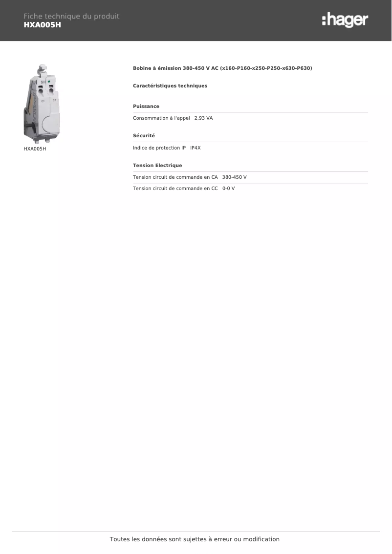 Page 1 de la notice Fiche technique Hager HXA005H