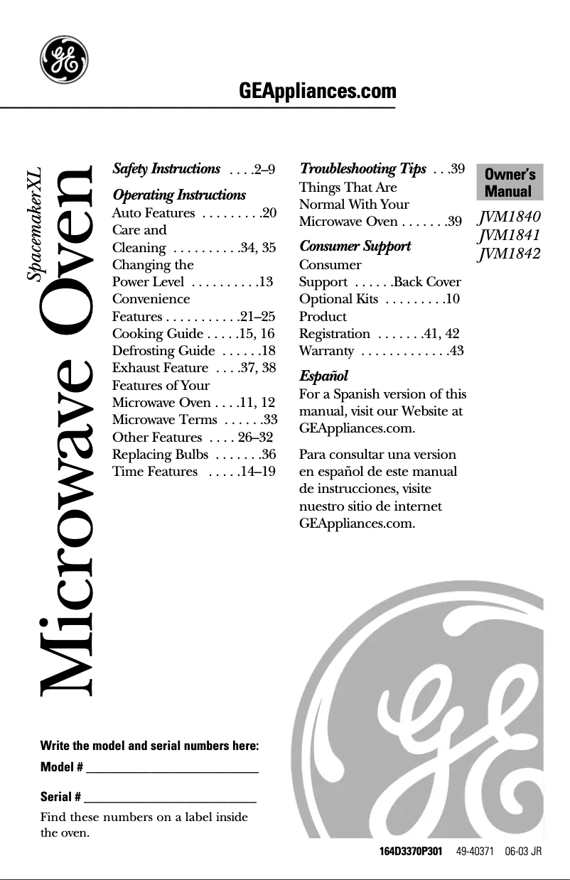 Page 1 de la notice Manuel d'utilisation et d'entretien GE JVM1840WD