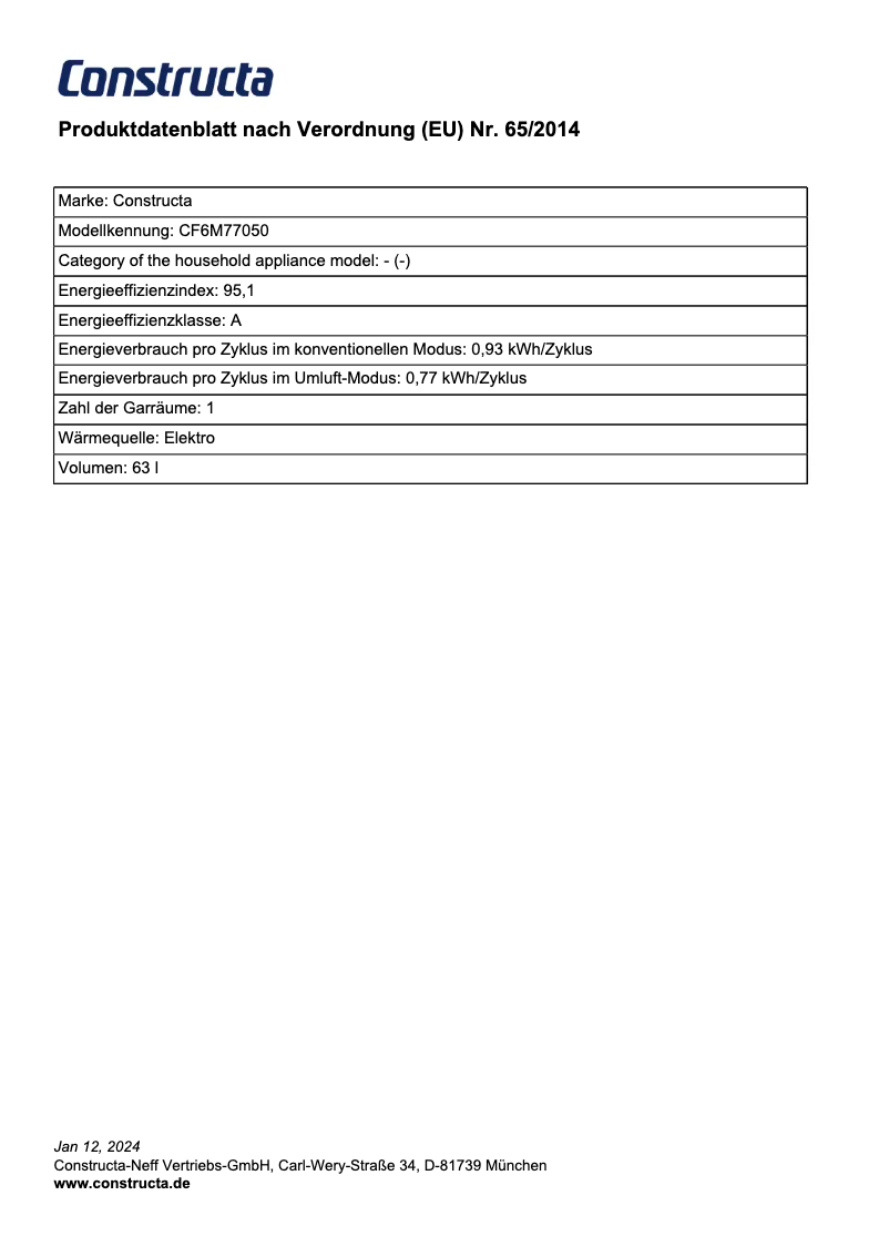 Page 1 de la notice Fiche technique Constructa CF6M77050