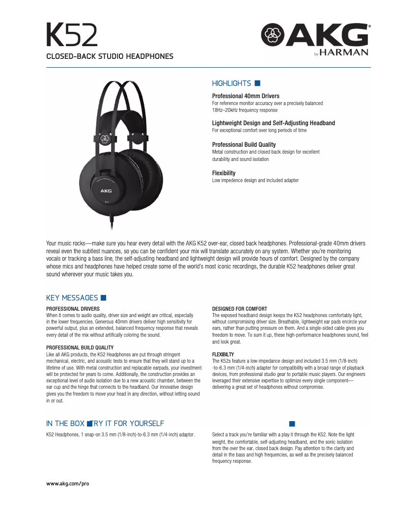Page n°1 - Fiche technique AKG K52