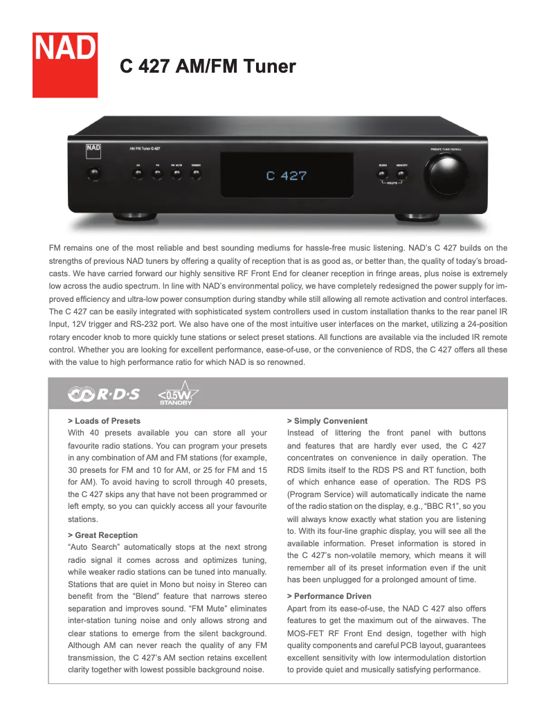 Page 1 de la notice Fiche technique NAD C 427