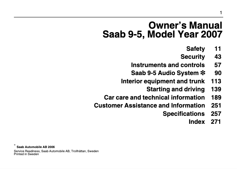 Page 1 de la notice Manuel utilisateur Saab 9-5 (2007)