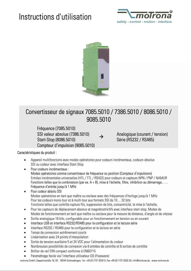 Page 1 de la notice Manuel utilisateur Motrona 7085.5010