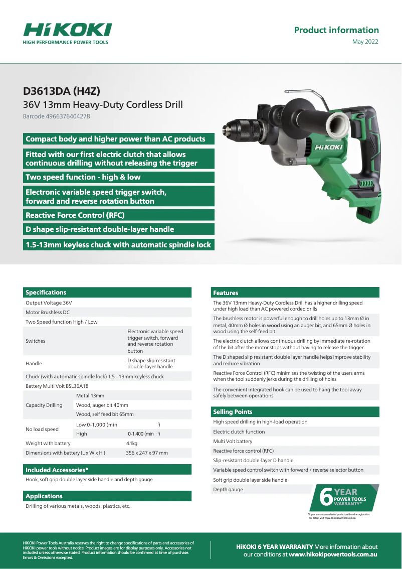 Page 1 de la notice Fiche technique HiKOKI D3613DA