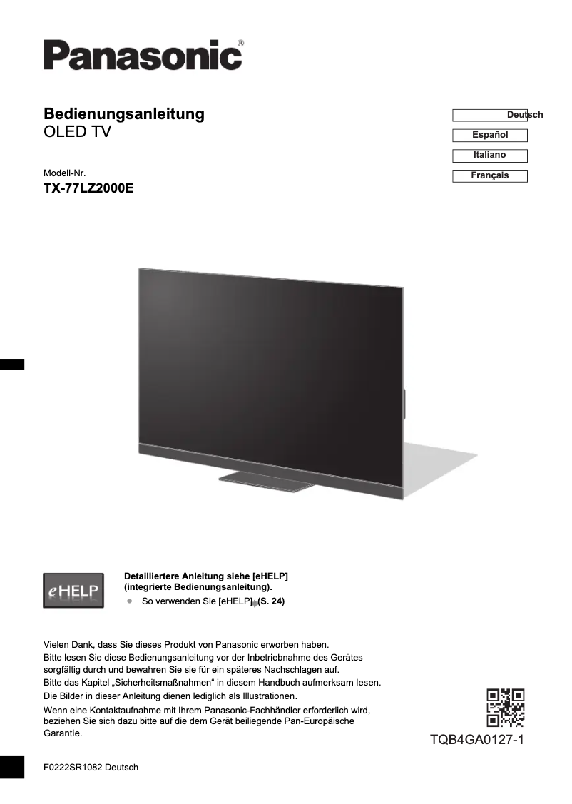 First page image of the manual for TX-77LZ2000E