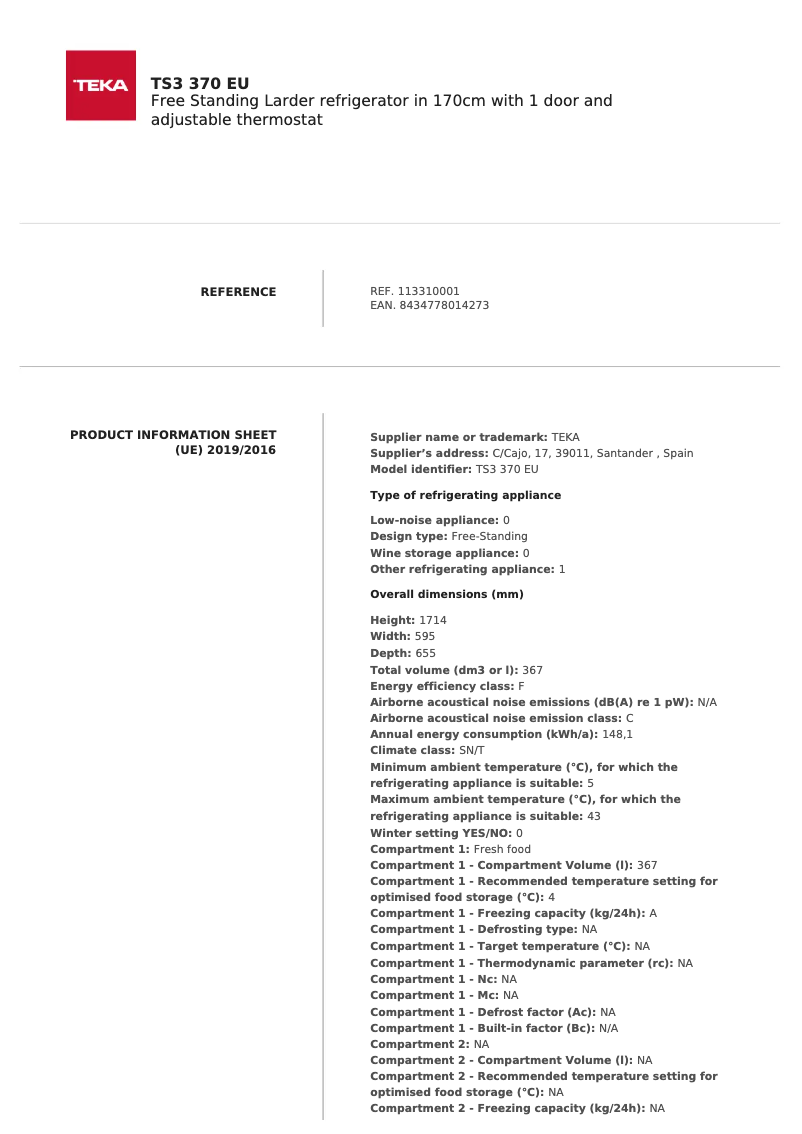Page 1 de la notice Fiche technique Teka TS3 370