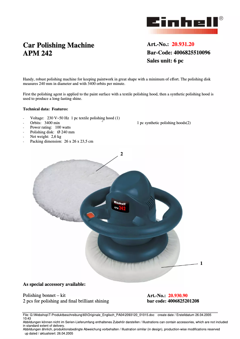 Page n°1 - Fiche technique Einhell APM 242