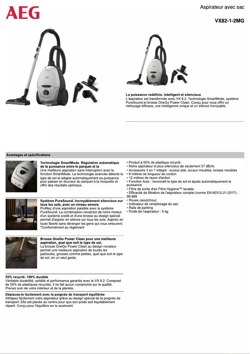Page 1 de la notice Fiche technique AEG VX82-1-2MG