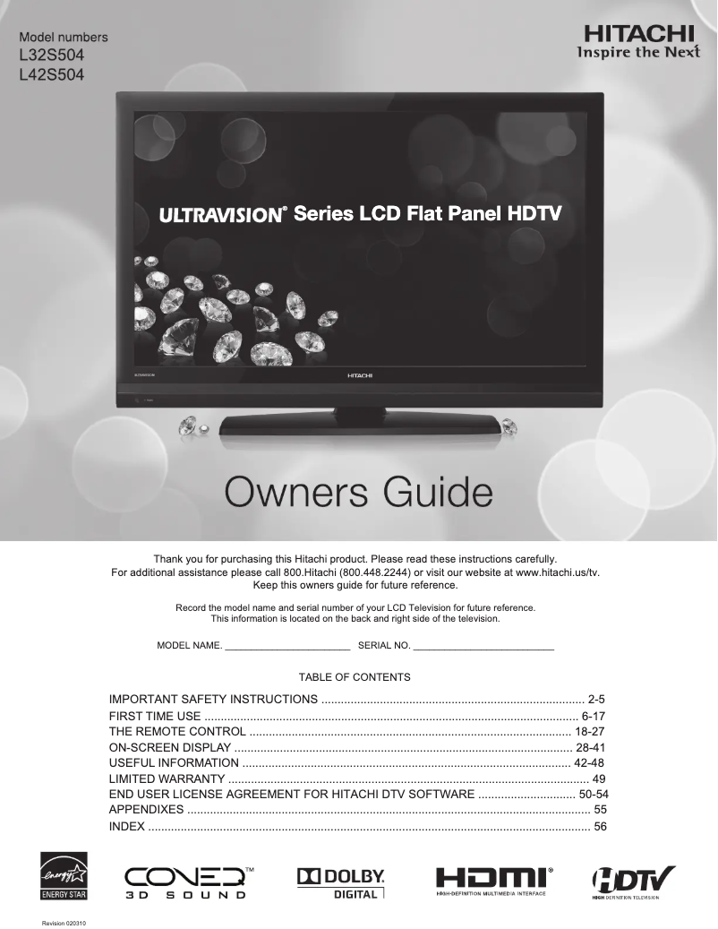Page 1 de la notice Manuel utilisateur Hitachi L42S504