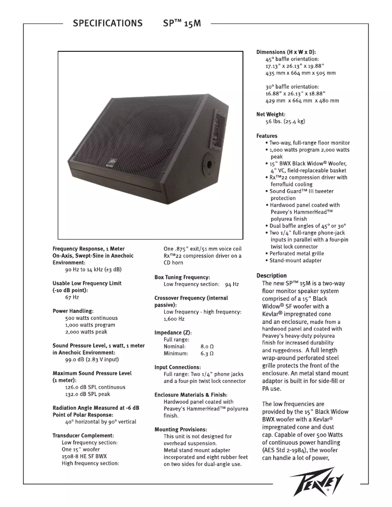 Page 1 de la notice Fiche technique Peavey SP 15M