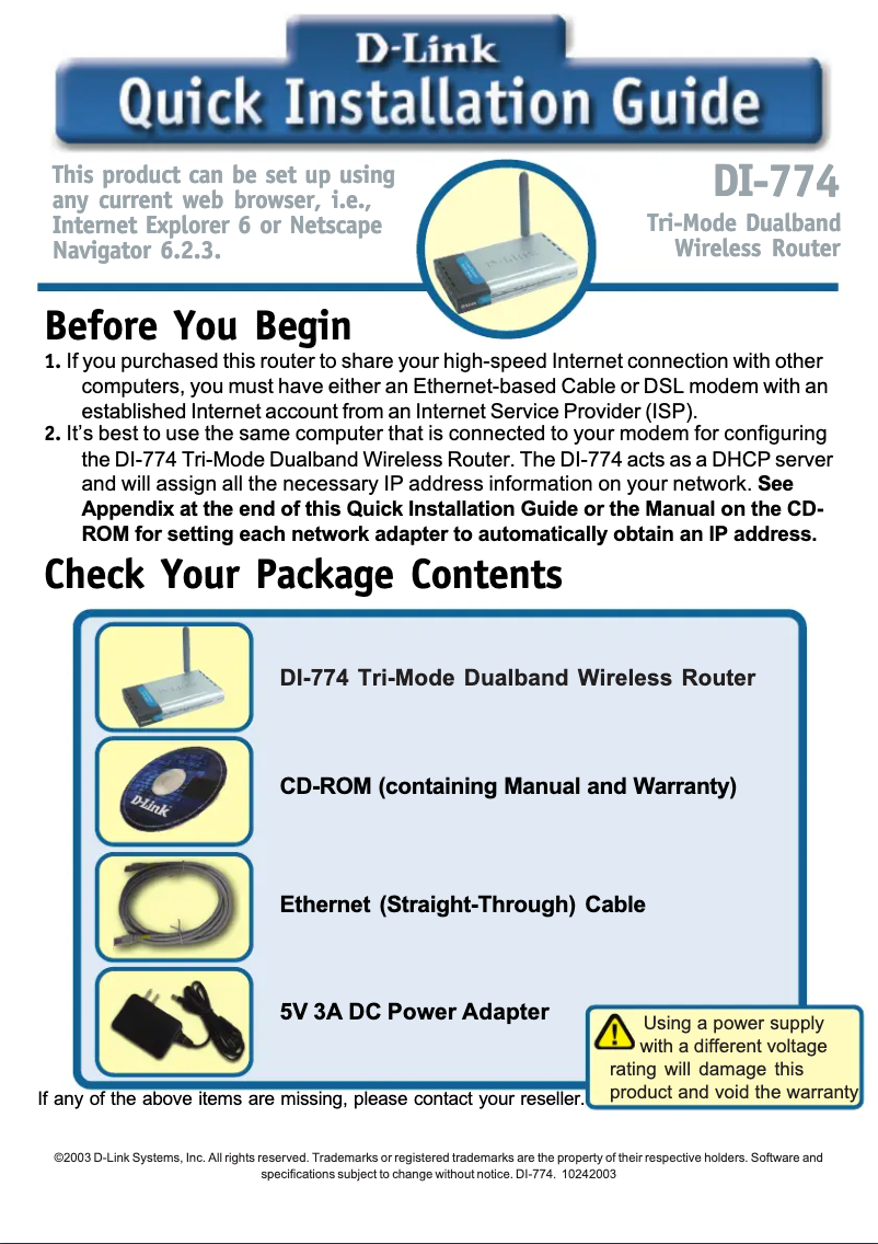 Page n°1 - Guide d'installation D-Link DI-774