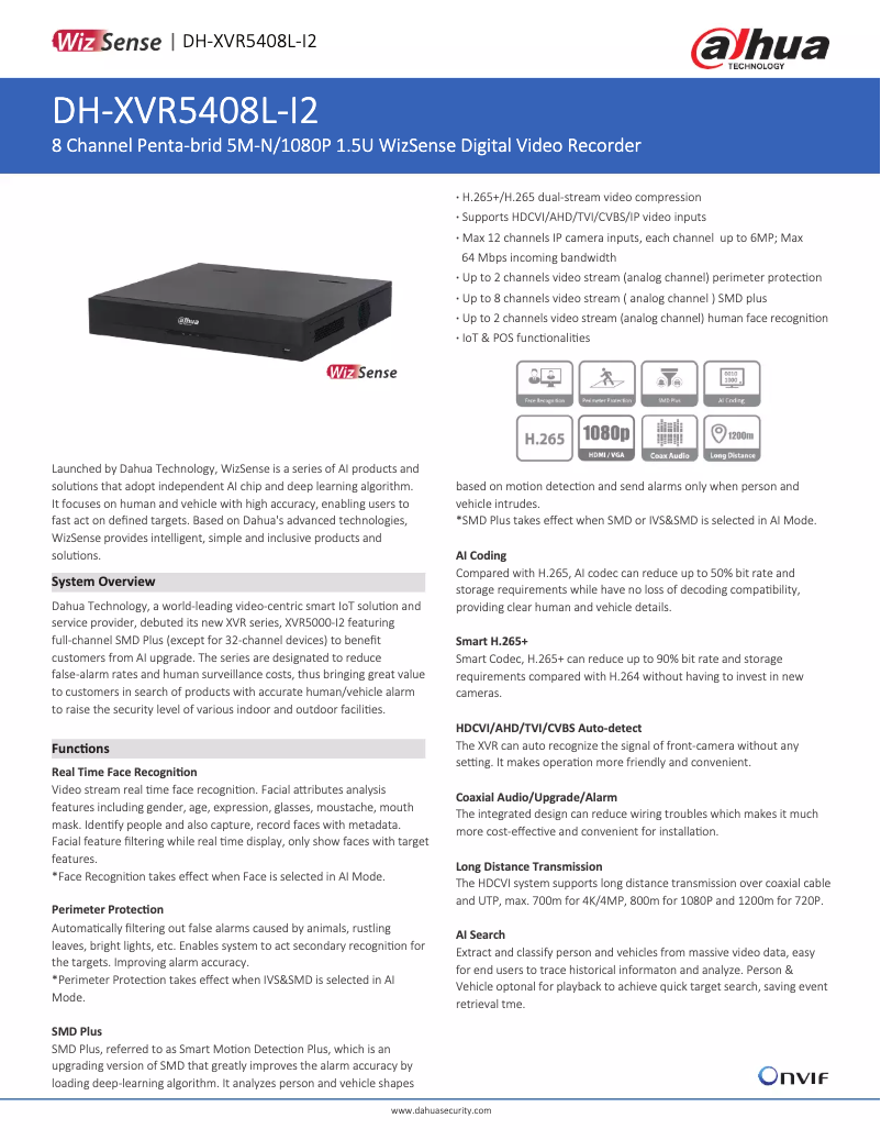 Page 1 de la notice Fiche technique Dahua Technology XVR5408L-I2