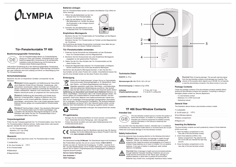 Page 1 de la notice Manuel utilisateur Olympia TF 400