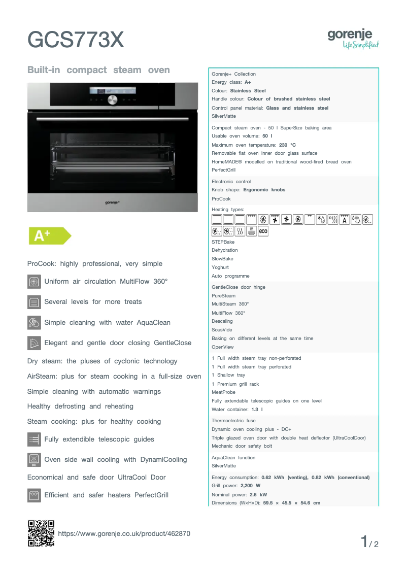 Page 1 de la notice Fiche technique Gorenje GCS773X