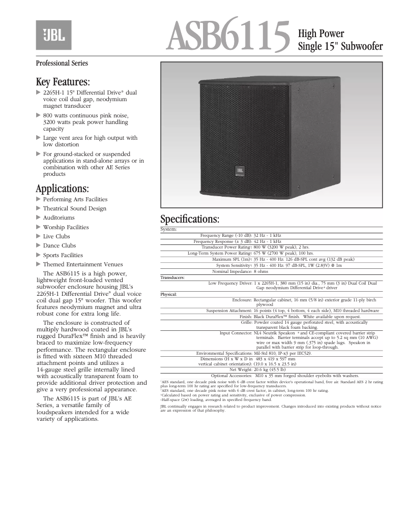 Page 1 de la notice Brochure JBL ASB6115