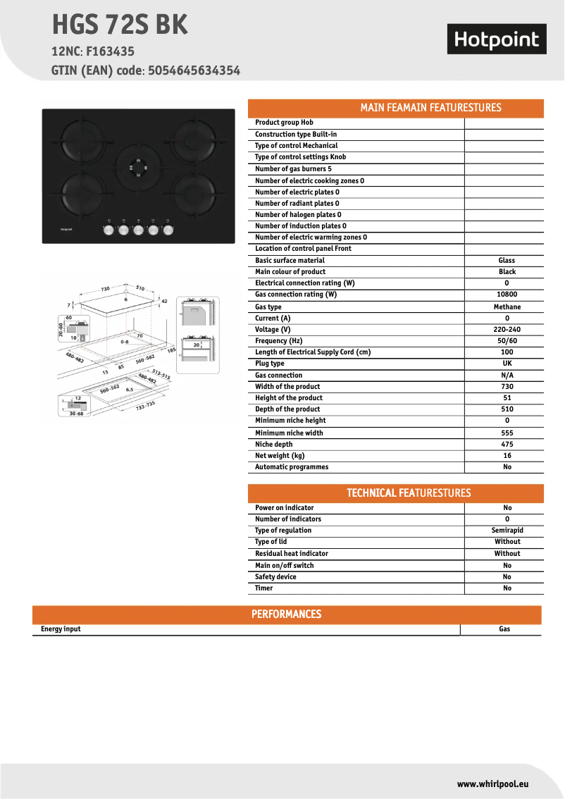 Page 1 of the manual Technical Sheet Hotpoint HGS 72S BK