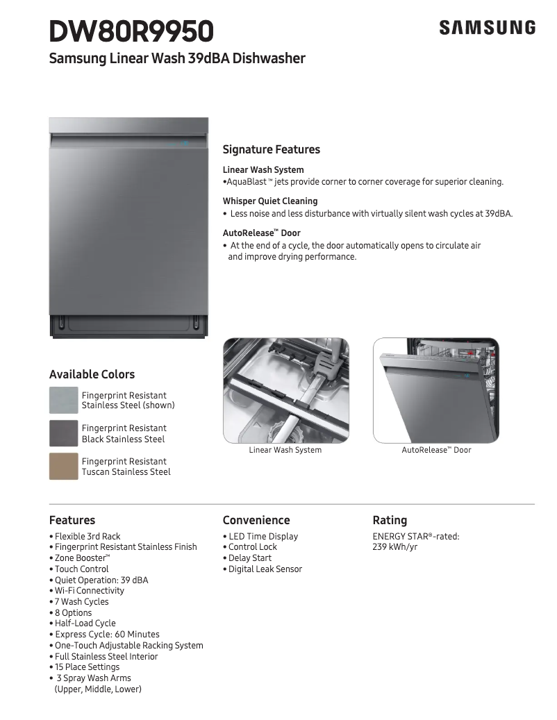 Page n°1 - Fiche technique Samsung DW80R9950UG