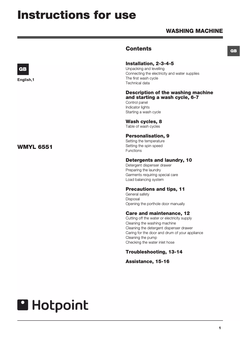 Page n°1 - Manuel utilisateur Hotpoint Ariston WMYL6551