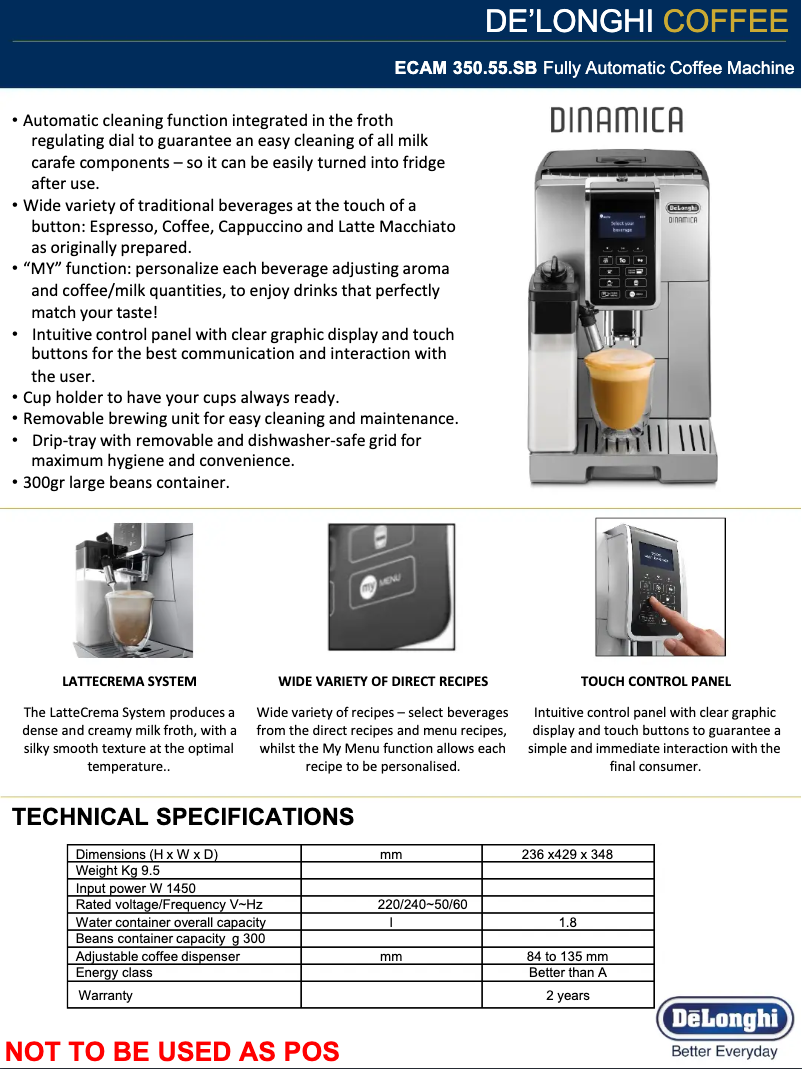 Page 1 de la notice Fiche technique DeLonghi Dinamica ECAM 350.55