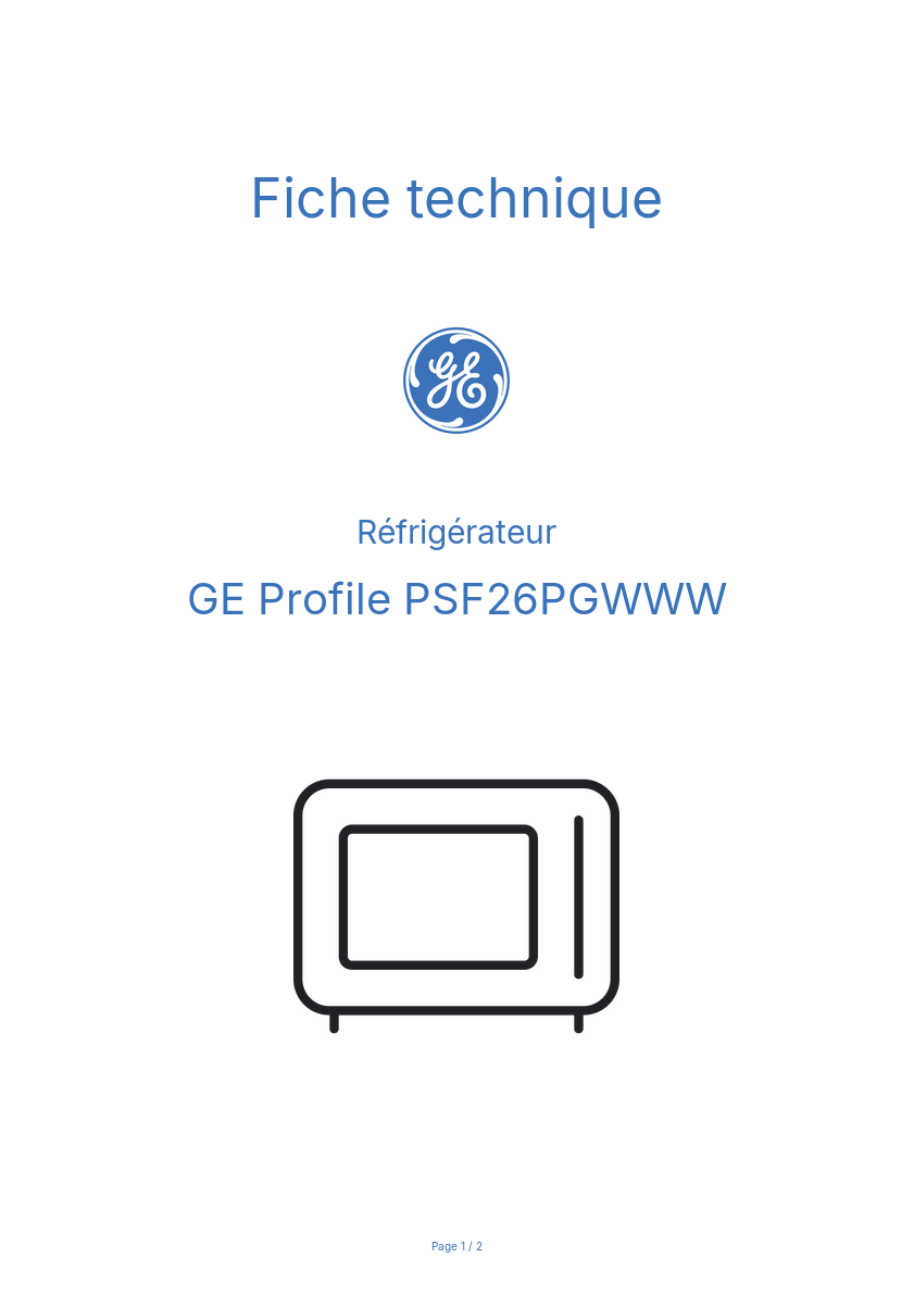 Page n°1 - Fiche technique GE Profile PSF26PGWWW
