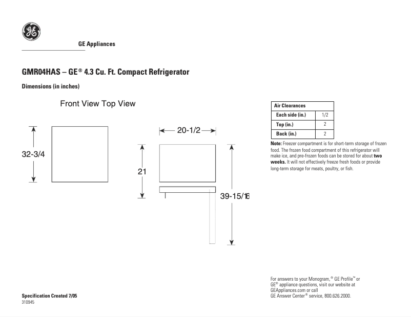 Page 1 de la notice Fiche technique GE GMR04HASCS