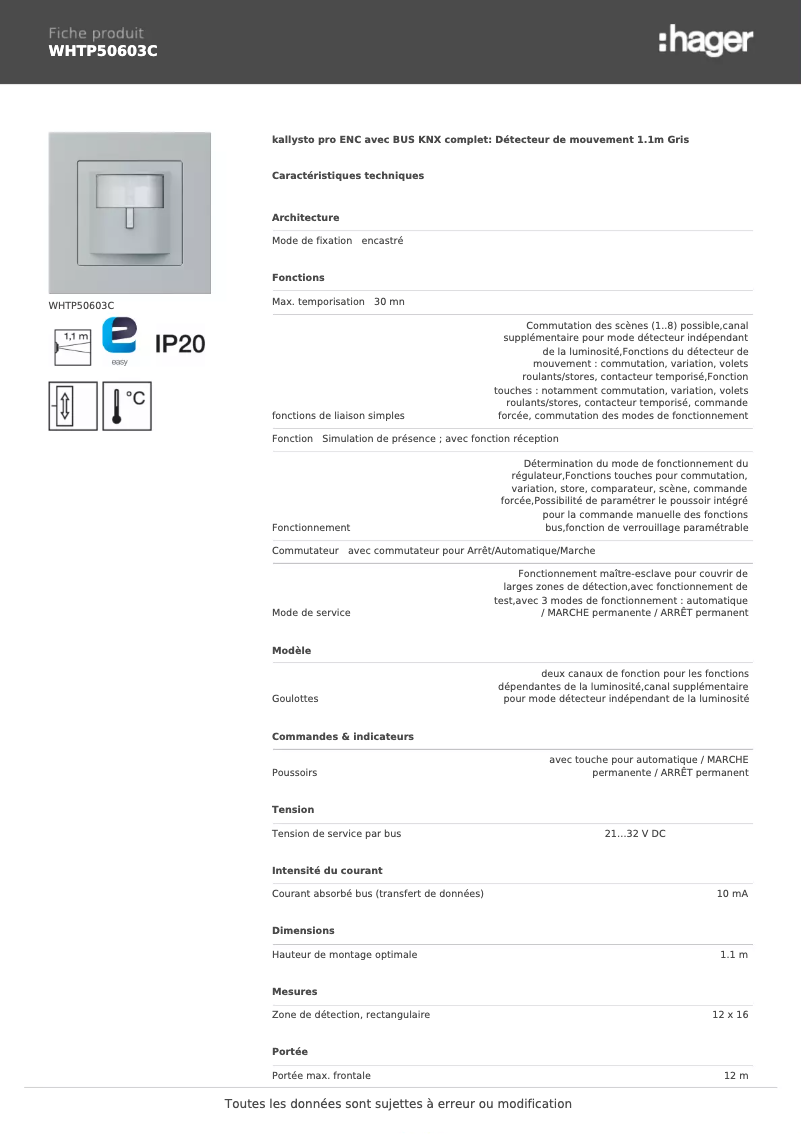 Page n°1 - Fiche technique Hager WHTP50603C
