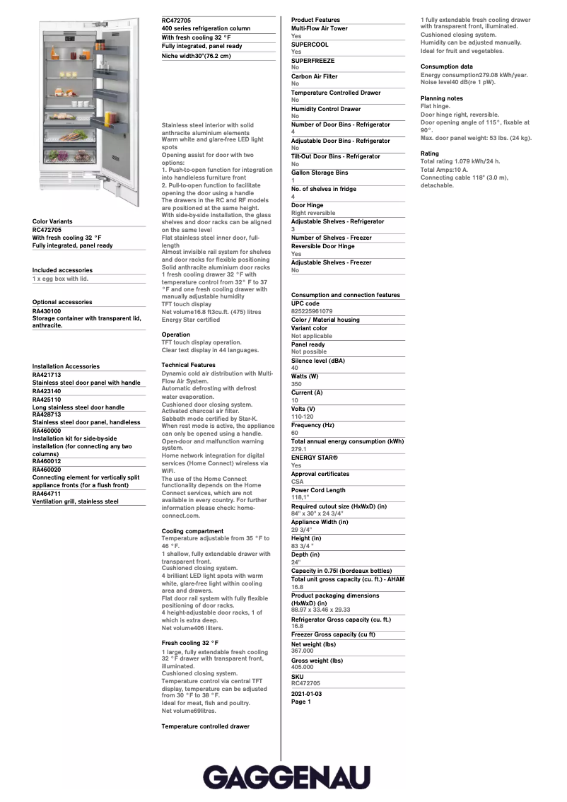 Page 1 de la notice Fiche technique Gaggenau RC472705