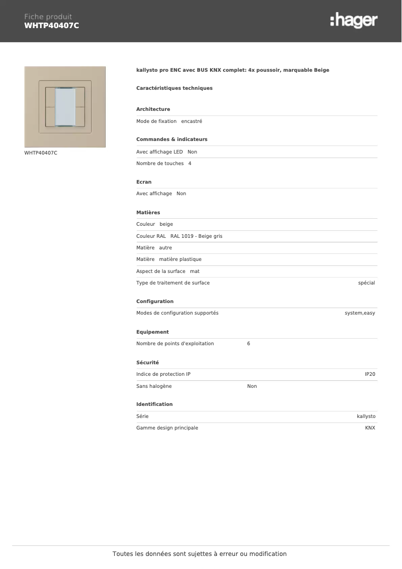 Page n°1 - Fiche technique Hager WHTP40407C