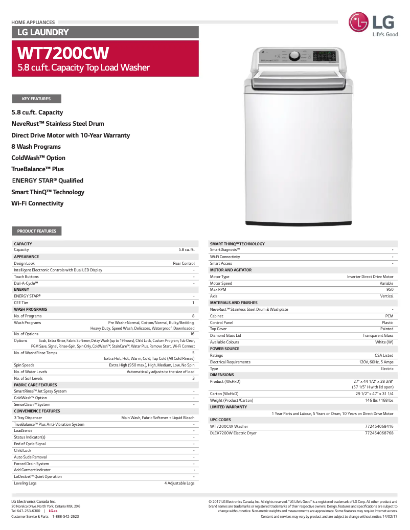 Page 1 de la notice Fiche technique LG WT7200CW