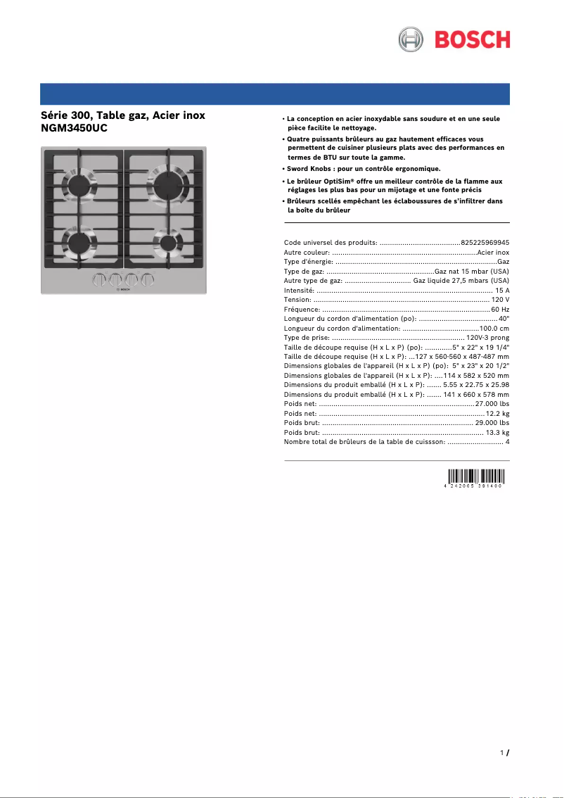 Page 1 de la notice Fiche technique Bosch NGM3450UC