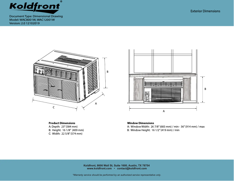Page 1 de la notice Fiche technique Koldfront WAC12001W
