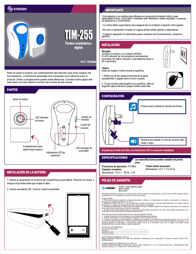 Page 1 de la notice Manuel utilisateur Steren TIM-255