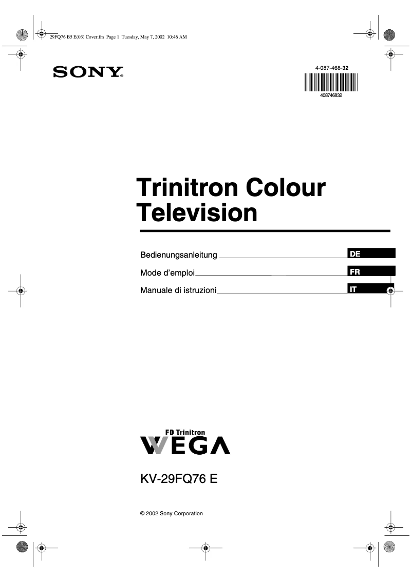 Page n°1 - Manuel utilisateur Sony Trinton KV-29FQ76E
