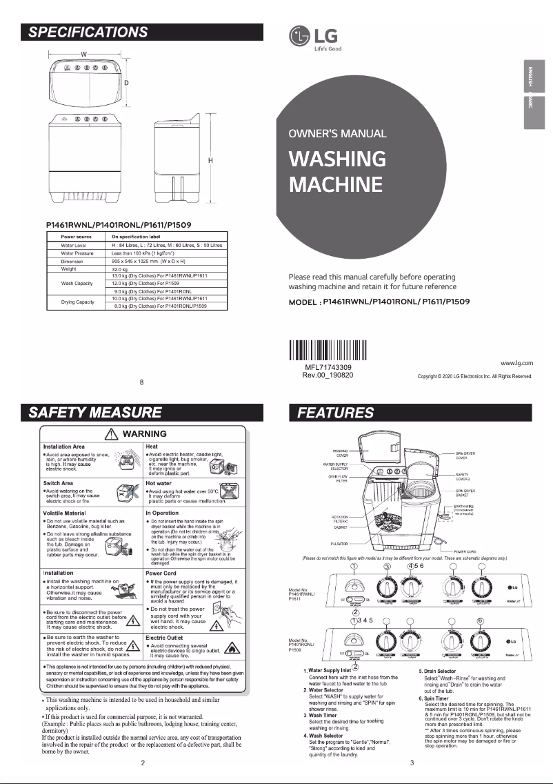 Page n°1 - Manuel utilisateur LG P1461RWNL