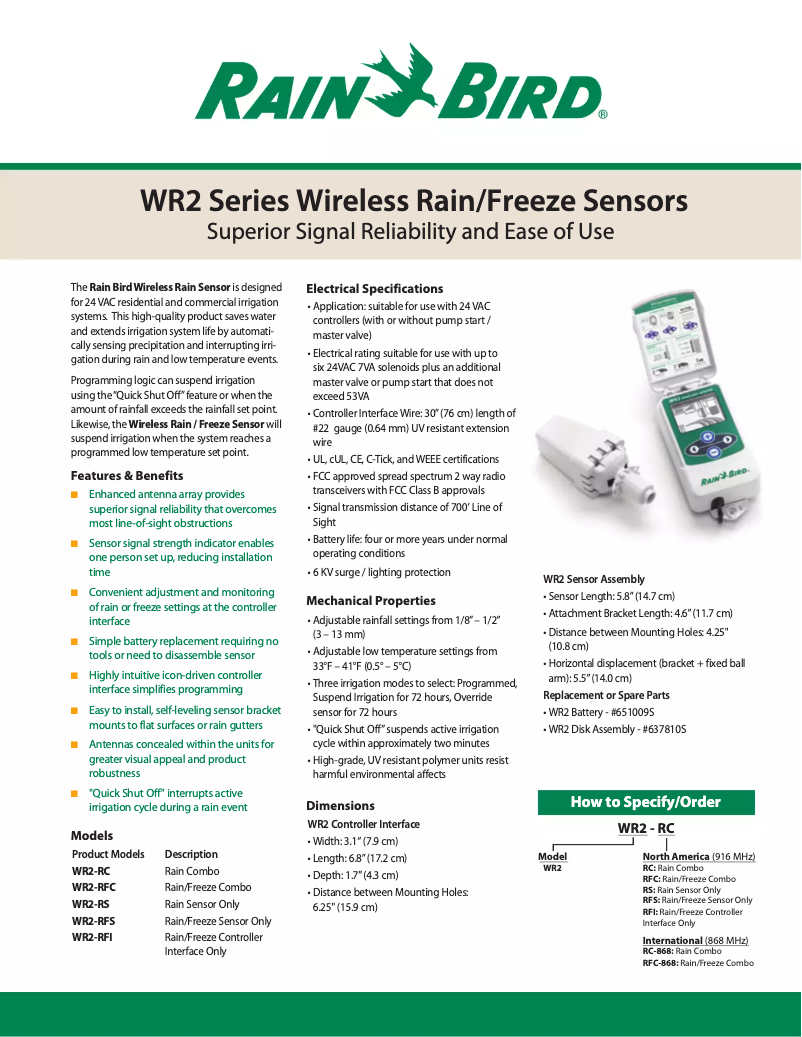 Página 1 del manual Ficha técnica Rain Bird WR2