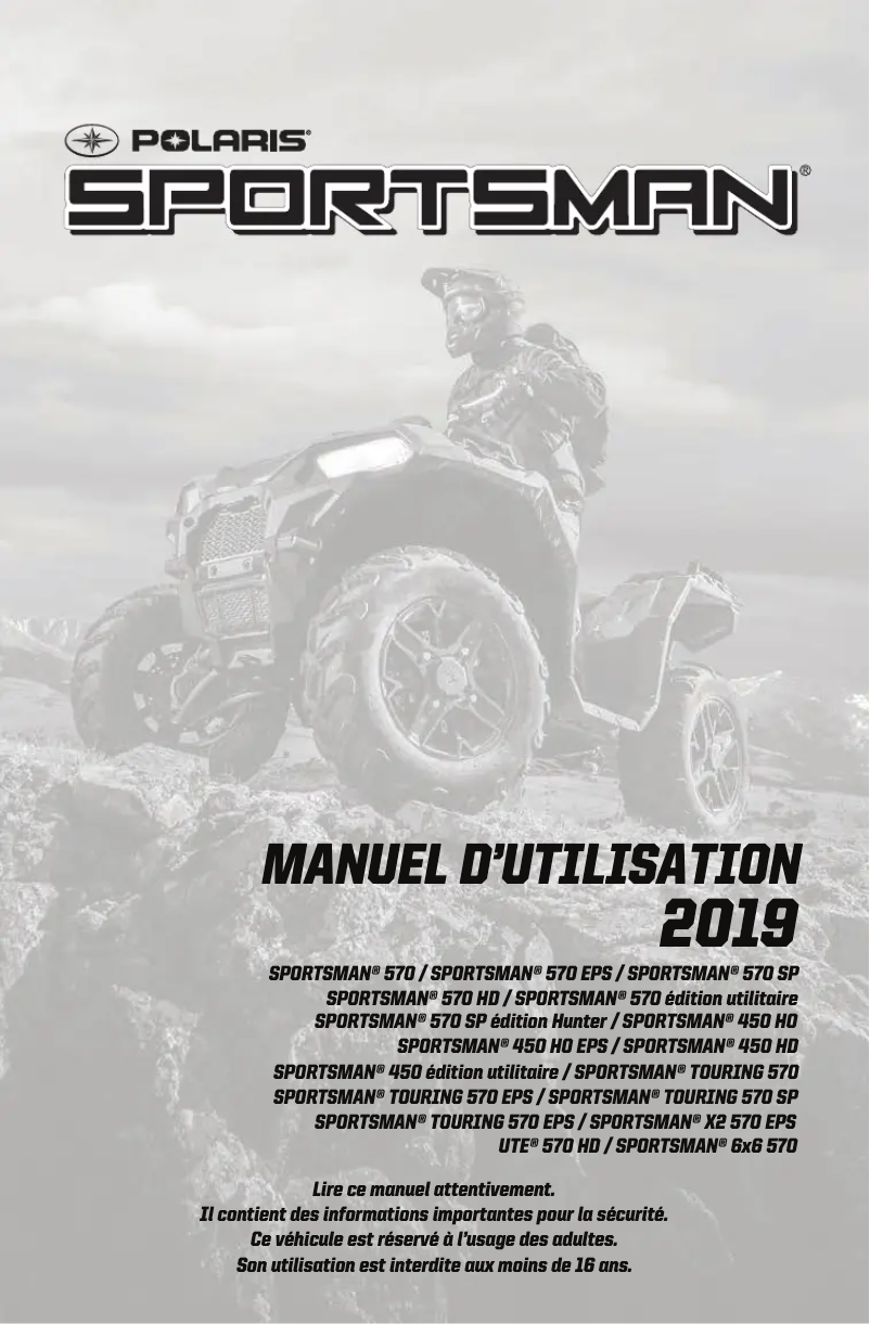 Page 1 de la notice Manuel utilisateur Polaris Sportsman 570 EPS (2019)