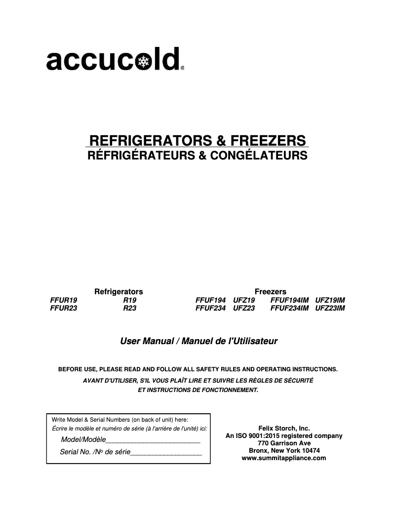 Page 1 de la notice Manuel utilisateur Accucold FFUF234