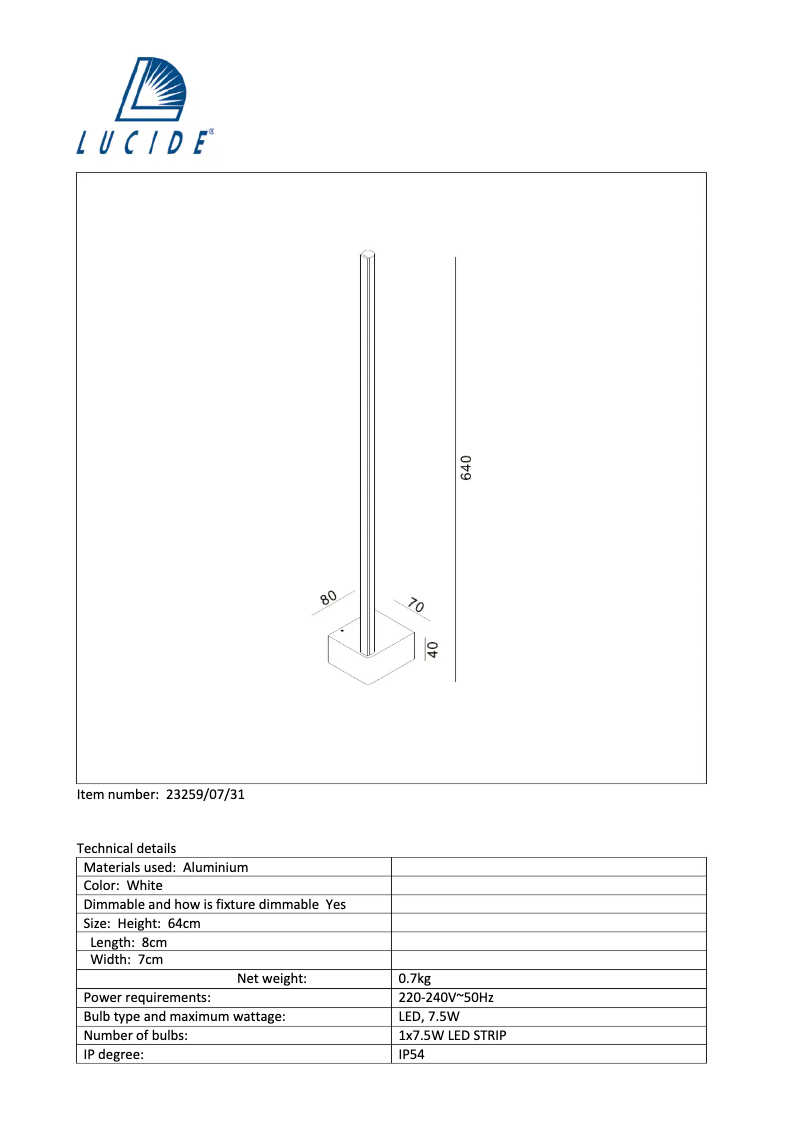 Page 1 de la notice Manuel utilisateur Lucide Sirius 23259/07/31
