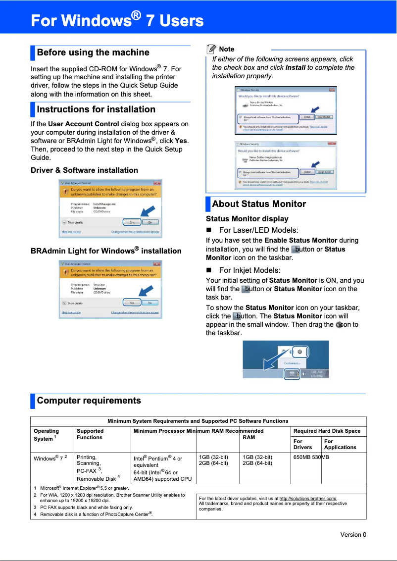 Page 1 de la notice Guide d'installation Brother DCP-585CW