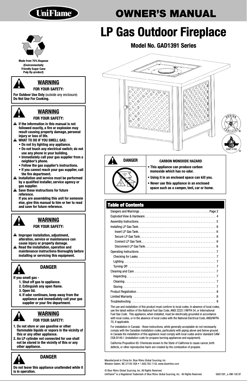 Page 1 de la notice Manuel utilisateur Blue Rhino GAD1391SP