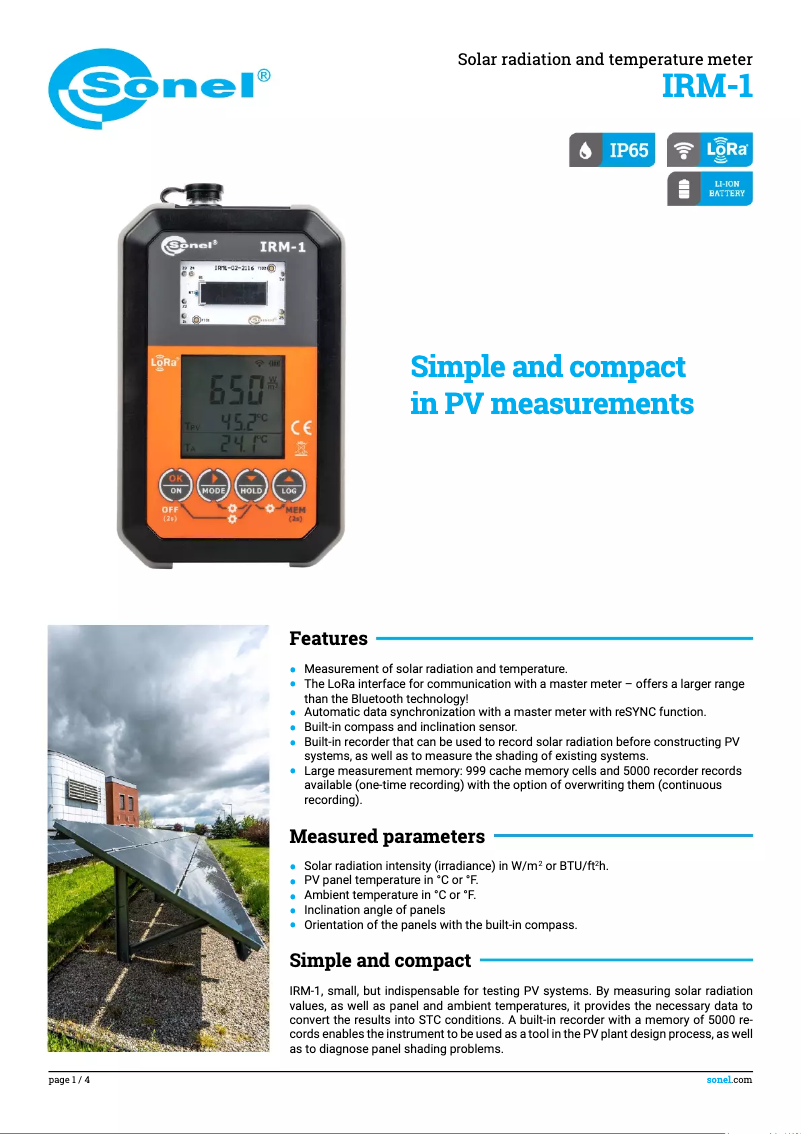 Page 1 de la notice Fiche technique Sonel IRM-1