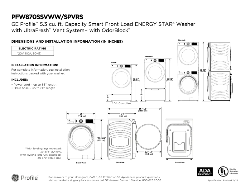 Page 1 of the manual Technical Sheet GE PFW870SSVWW