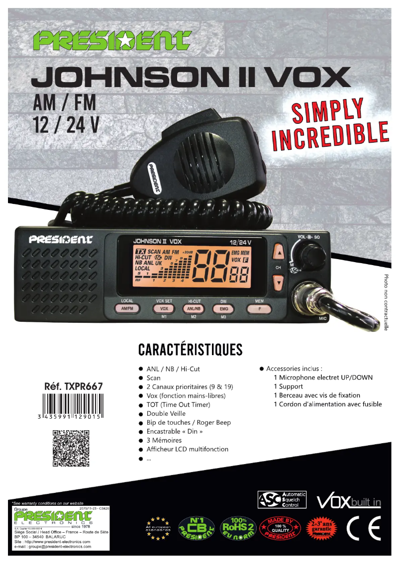 Page 1 de la notice Fiche technique President Johnson II