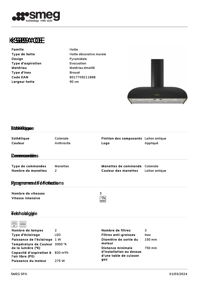 Page n°1 - Fiche technique Smeg KS89AOE